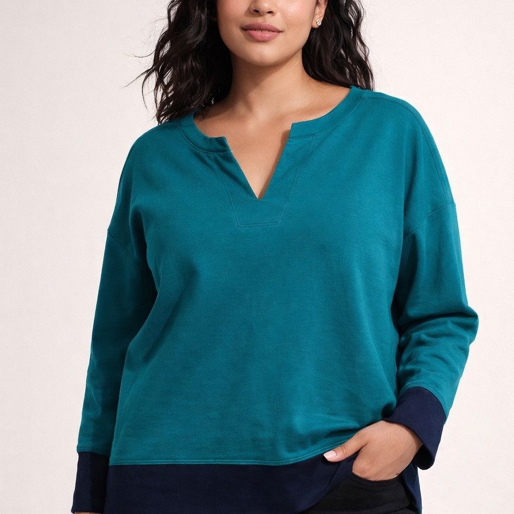 J.Jill women's teal and navy color-block long-sleeve V-neck athleisure top